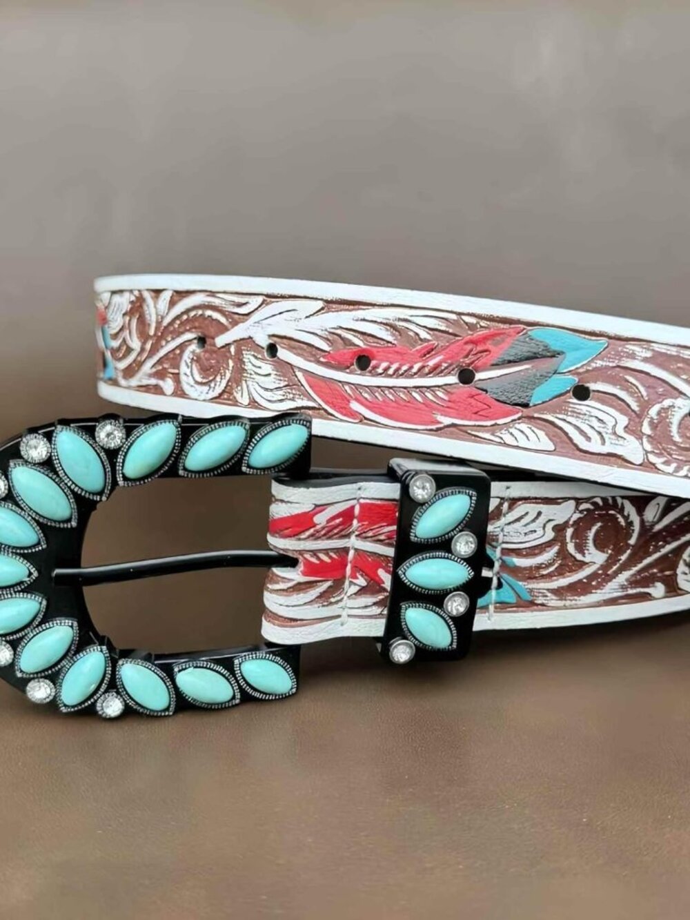 Turquoise Belt for Women, Brown Western Leather Belts for Women, Vintage Country - Picture 3 of 9